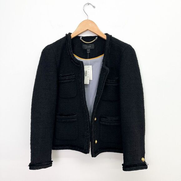 J. Crew Women’s Black Cropped Lady Tweed Jacket Gold Buttons Fringe Trim Pockets - Picture 2 of 15